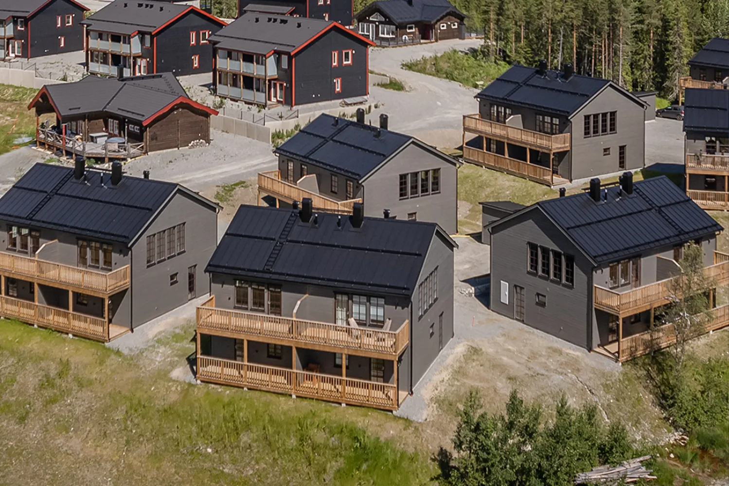 En grupp hus med många träd