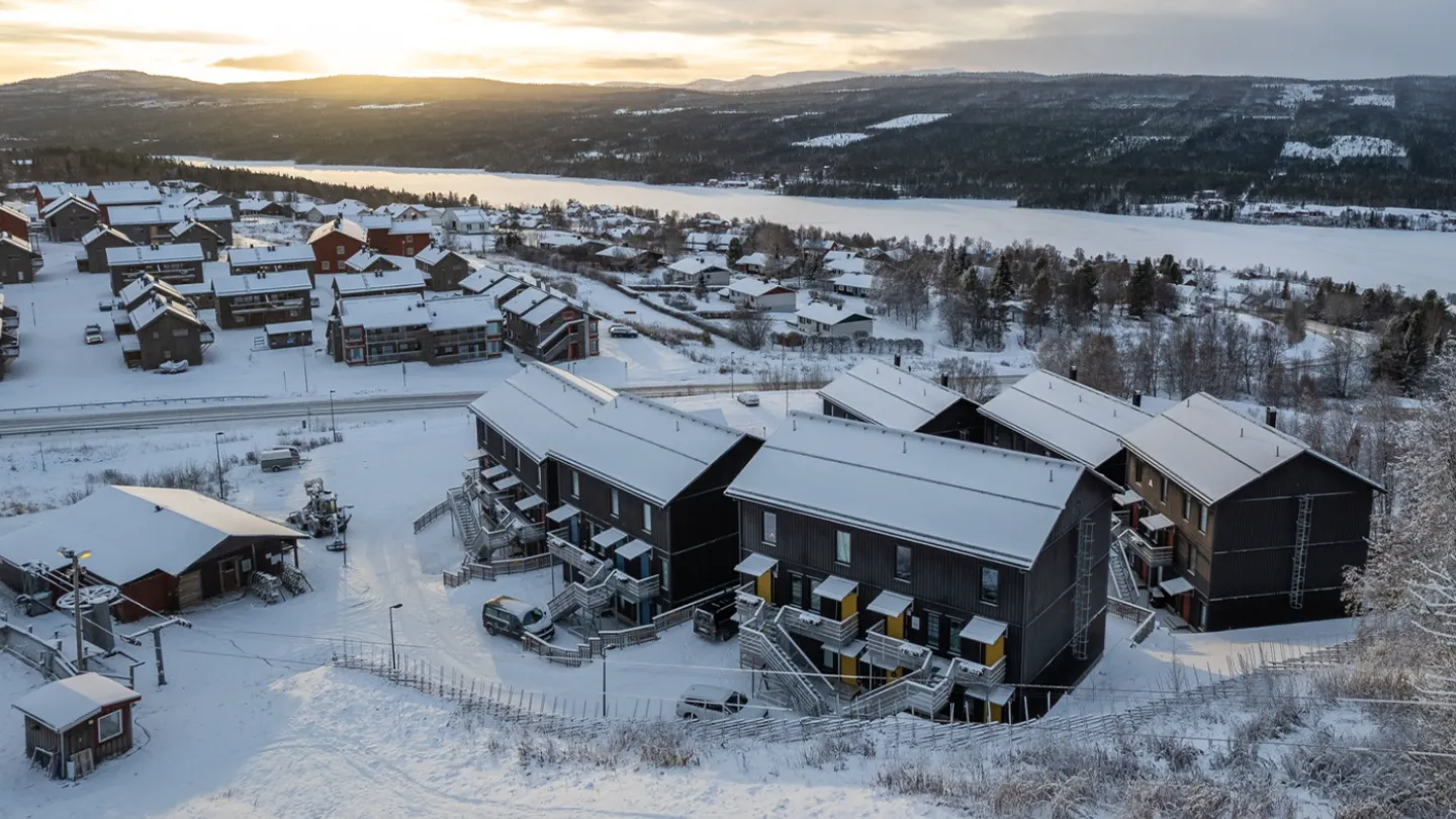 En grupp hus i ett snöigt område