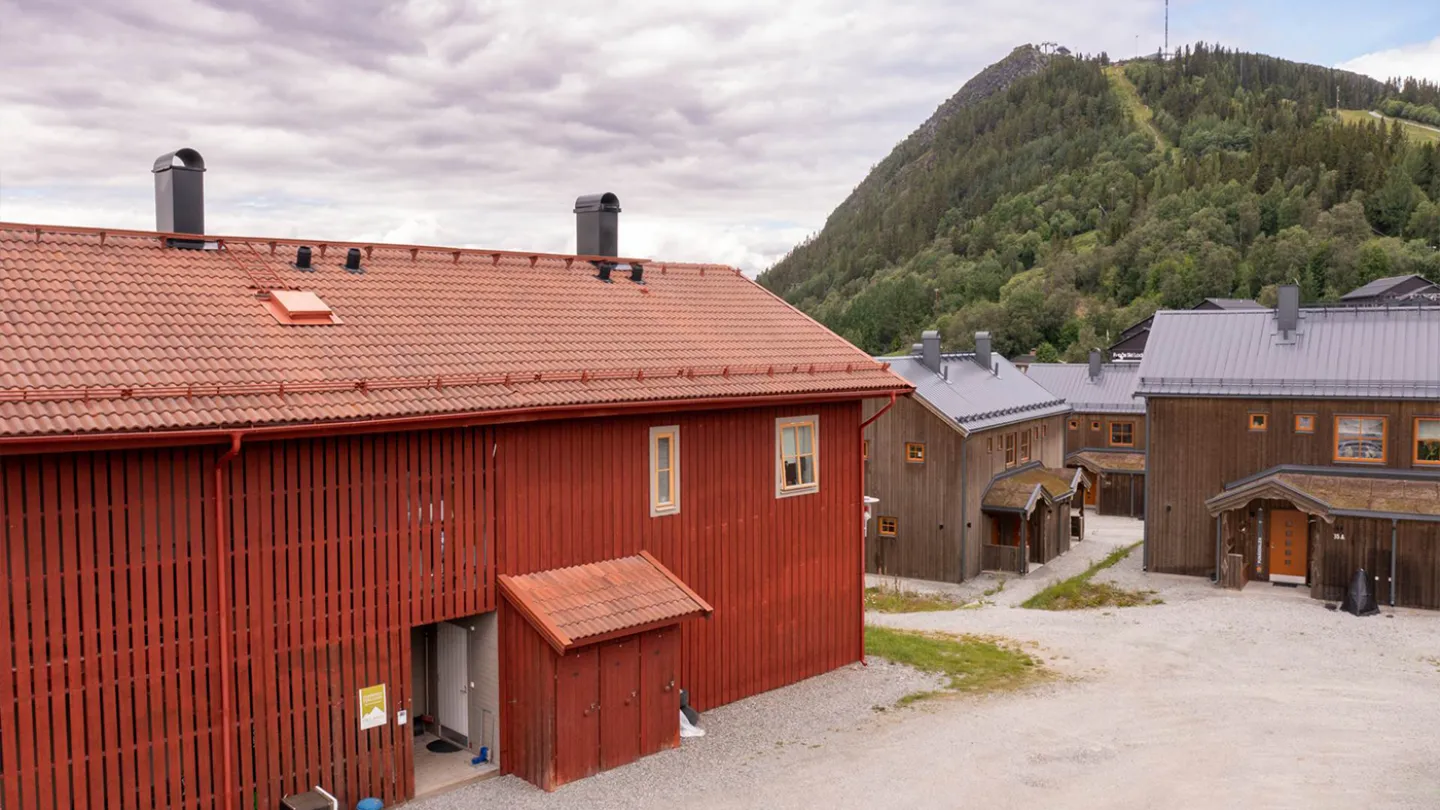 En grupp byggnader med en kulle i bakgrunden