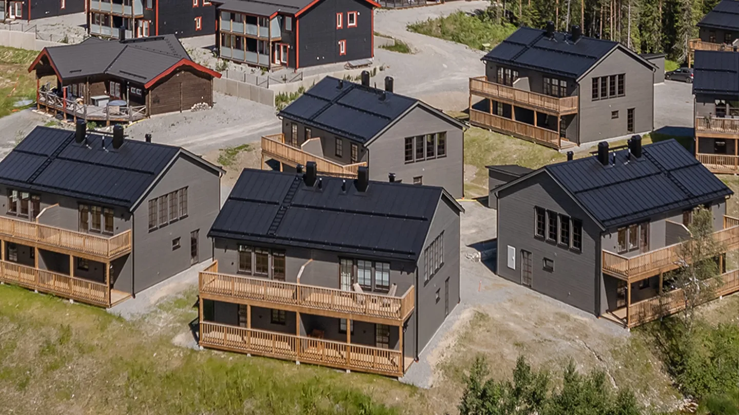 En grupp hus med många träd