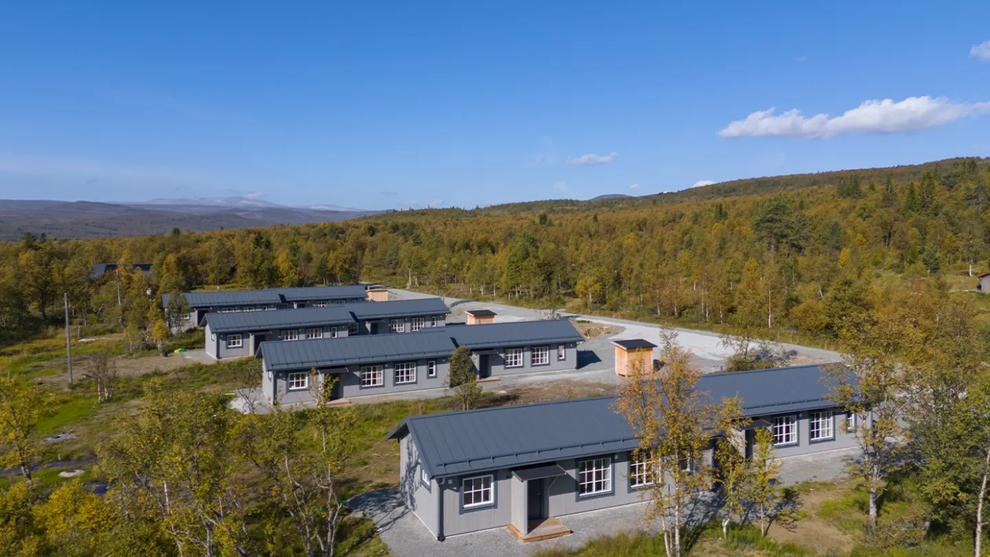 En grupp hus på ett fält